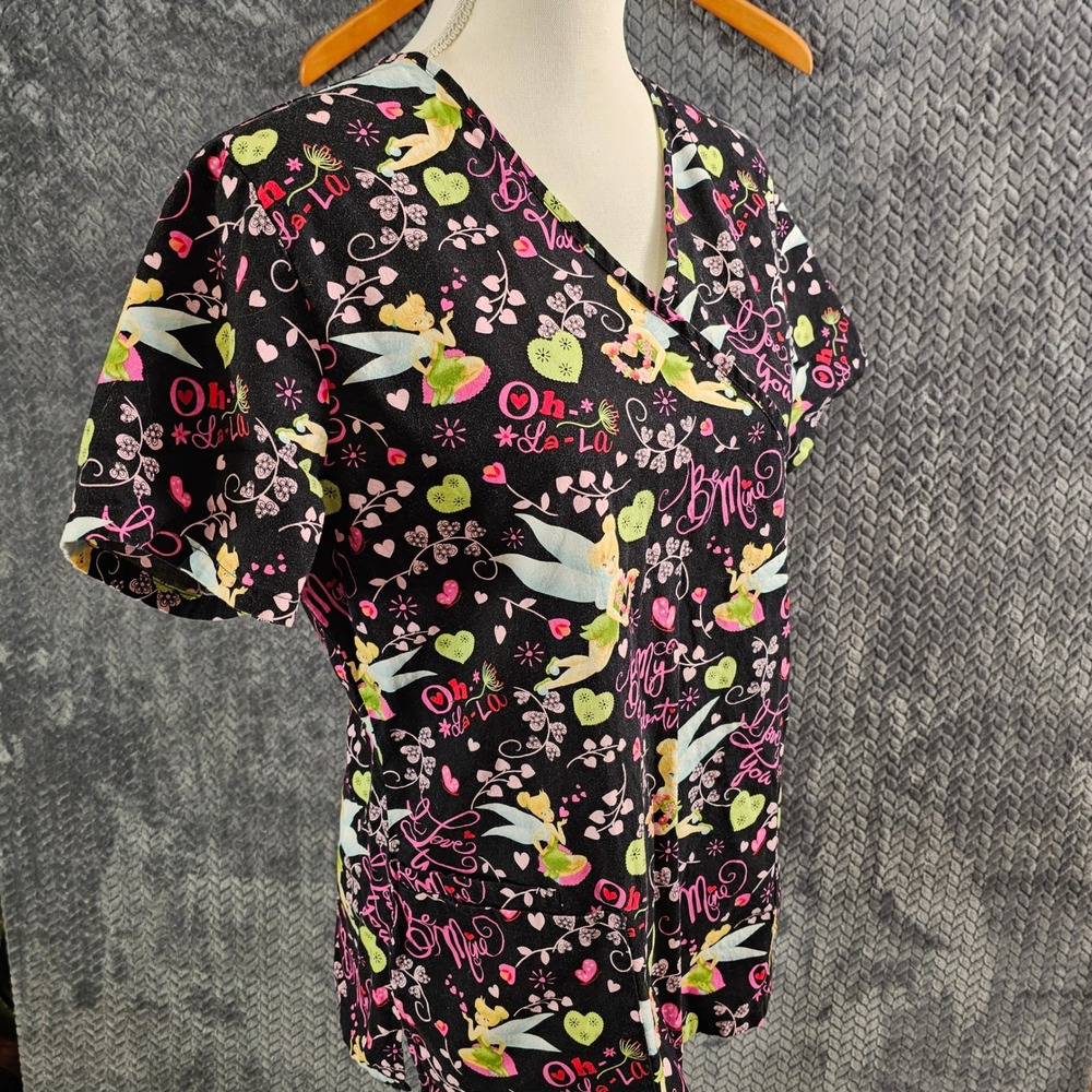 Disney Tinkerbell Scrub Top Women's Medium Black Fairy Valentine‎ Print V-Neck